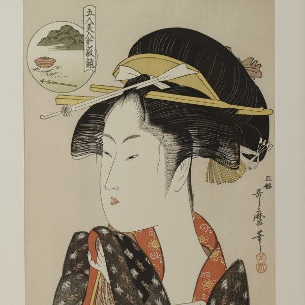 Kitagawa Utamaro – Comparaison des charmes de cinq beautés : « Yatsuyama Hiranoya » – Estampe sur bois, avec cadre
